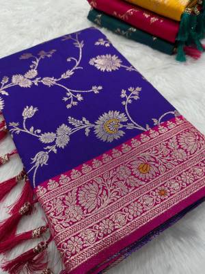 Violet soft silk blend saree with zari weaving meenakari design 3