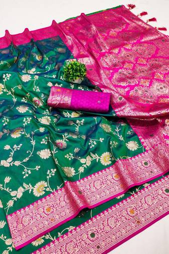 Sea green soft silk blend saree with zari weaving meenakari design