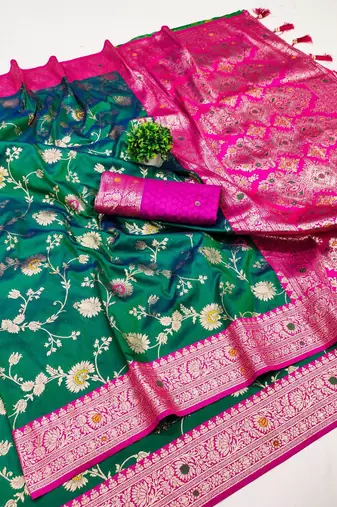 Sea green soft silk blend saree with zari weaving meenakari design
