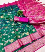 Sea green soft silk blend saree with zari weaving meenakari design