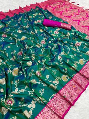 Sea green soft silk blend saree with zari weaving meenakari design 2