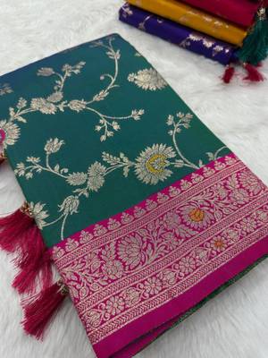 Sea green soft silk blend saree with zari weaving meenakari design 3