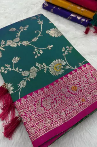 Sea green soft silk blend saree with zari weaving meenakari design