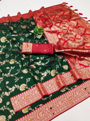 Green soft silk blend saree with zari weaving meenakari design 1
