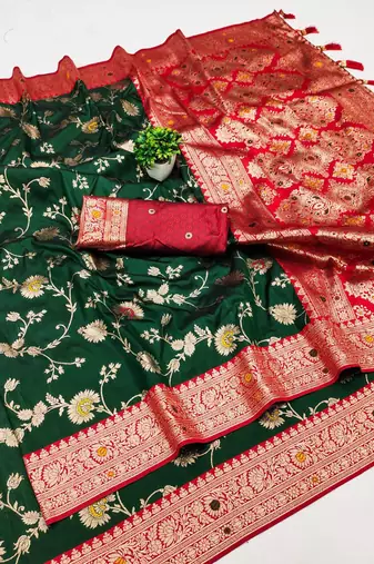 Green soft silk blend saree with zari weaving meenakari design