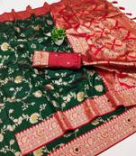 Green soft silk blend saree with zari weaving meenakari design