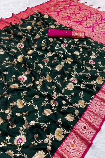 Green soft silk blend saree with zari weaving meenakari design