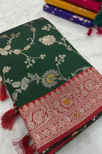 Green soft silk blend saree with zari weaving meenakari design