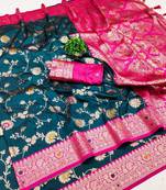 Teal blue soft silk blend saree with zari weaving meenakari design