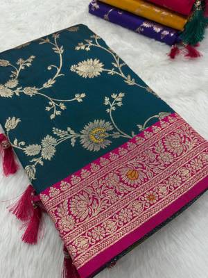 Teal blue soft silk blend saree with zari weaving meenakari design 3