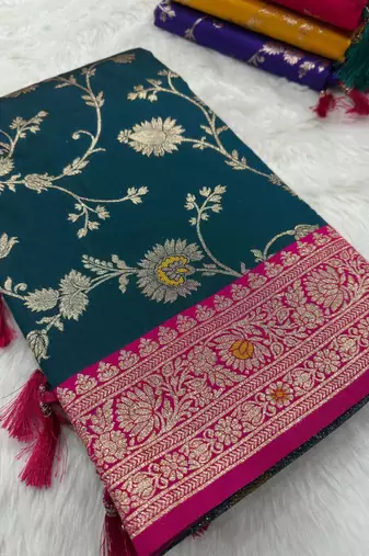 Teal blue soft silk blend saree with zari weaving meenakari design