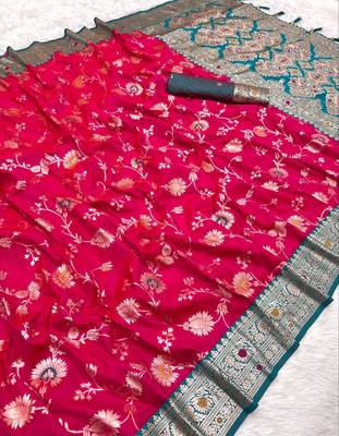 Pink soft silk blend saree with zari weaving meenakari design 2