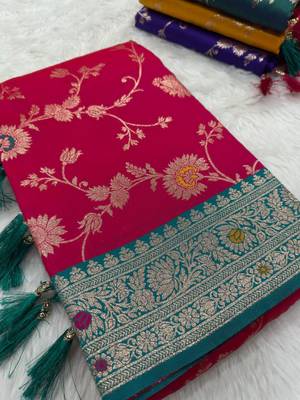 Pink soft silk blend saree with zari weaving meenakari design 3