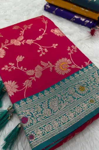 Pink soft silk blend saree with zari weaving meenakari design