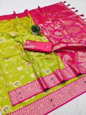 Parrot green soft silk blend saree with zari weaving meenakari design 1
