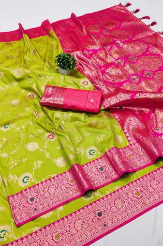 Parrot green soft silk blend saree with zari weaving meenakari design