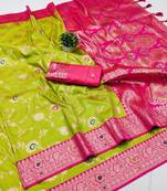 Parrot green soft silk blend saree with zari weaving meenakari design