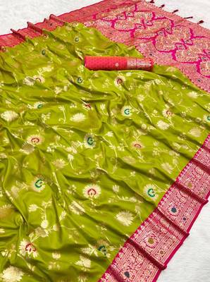 Parrot green soft silk blend saree with zari weaving meenakari design 2