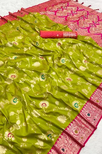 Parrot green soft silk blend saree with zari weaving meenakari design