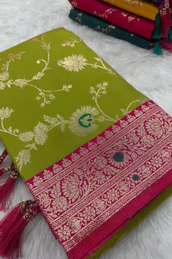Parrot green soft silk blend saree with zari weaving meenakari design