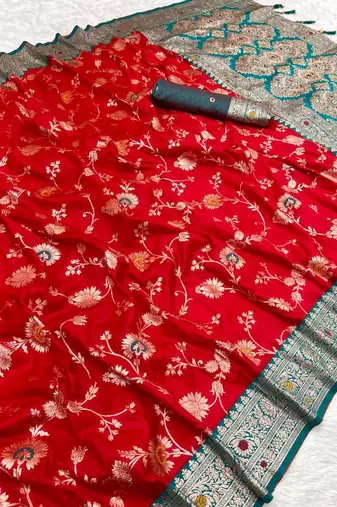 Red soft silk blend saree with zari weaving meenakari design