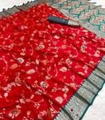 Red soft silk blend saree with zari weaving meenakari design
