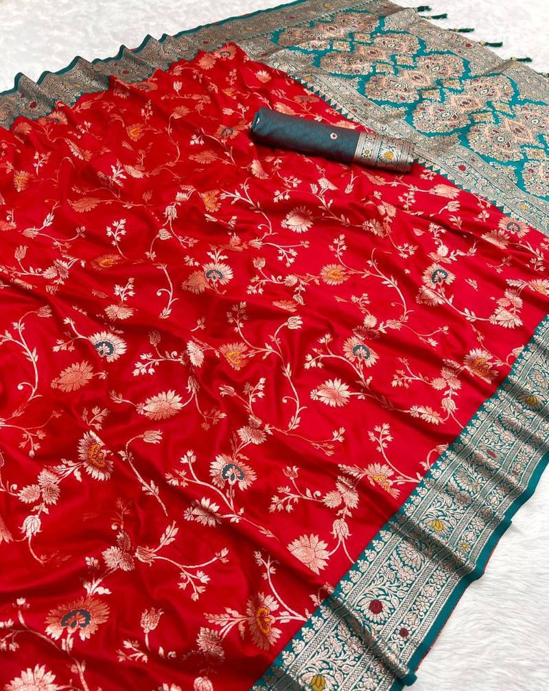 Red soft silk blend saree with zari weaving meenakari design
