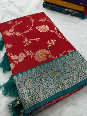 Red soft silk blend saree with zari weaving meenakari design 3