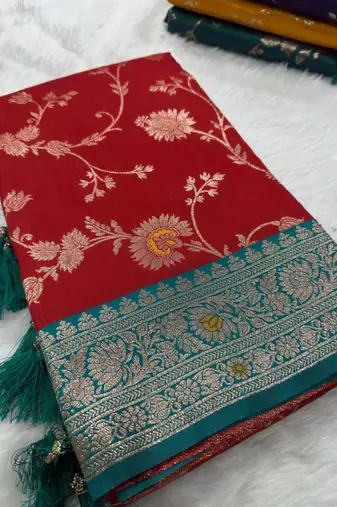 Red soft silk blend saree with zari weaving meenakari design