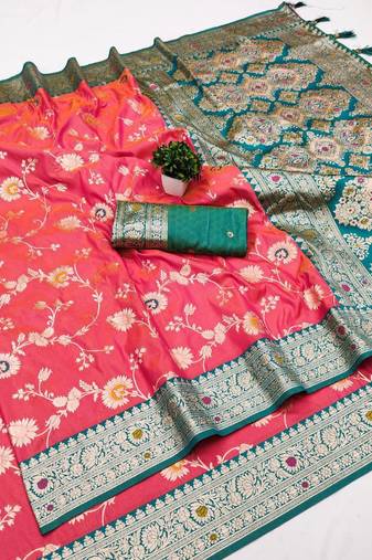 Pink soft silk blend saree with zari weaving meenakari design