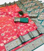 Pink soft silk blend saree with zari weaving meenakari design