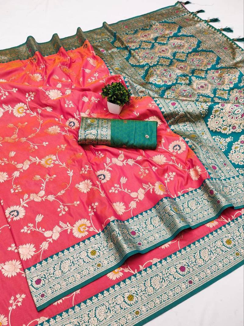 Pink soft silk blend saree with zari weaving meenakari design