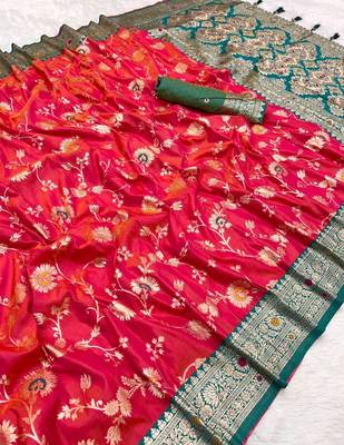 Pink soft silk blend saree with zari weaving meenakari design 2