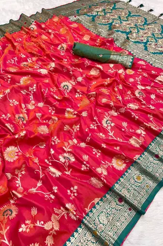 Pink soft silk blend saree with zari weaving meenakari design