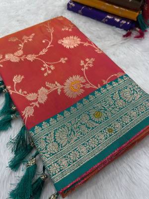 Pink soft silk blend saree with zari weaving meenakari design 3