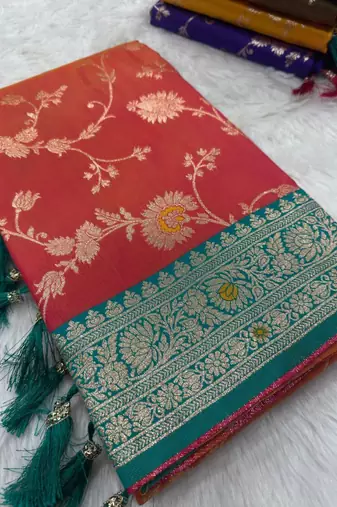 Pink soft silk blend saree with zari weaving meenakari design