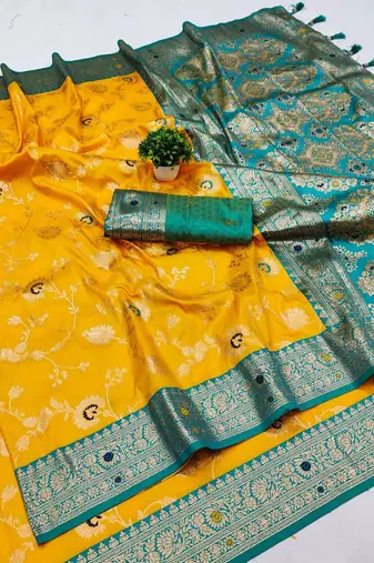 Yellow soft silk blend saree with zari weaving meenakari design