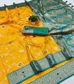 Yellow soft silk blend saree with zari weaving meenakari design