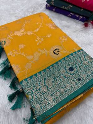 Yellow soft silk blend saree with zari weaving meenakari design 3