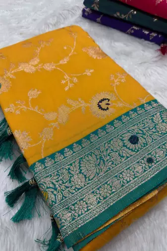 Yellow soft silk blend saree with zari weaving meenakari design