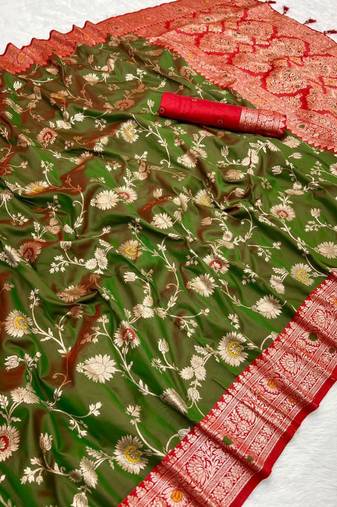 Green soft silk blend saree with zari weaving meenakari design