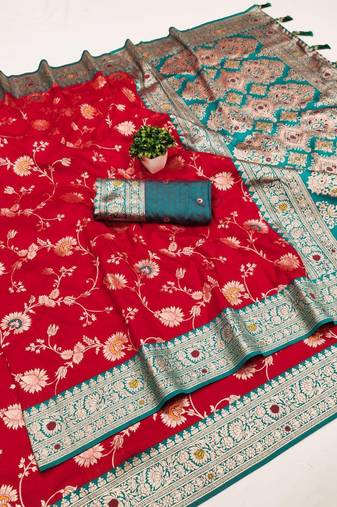 Red soft silk blend saree with zari weaving meenakari design