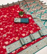 Red soft silk blend saree with zari weaving meenakari design