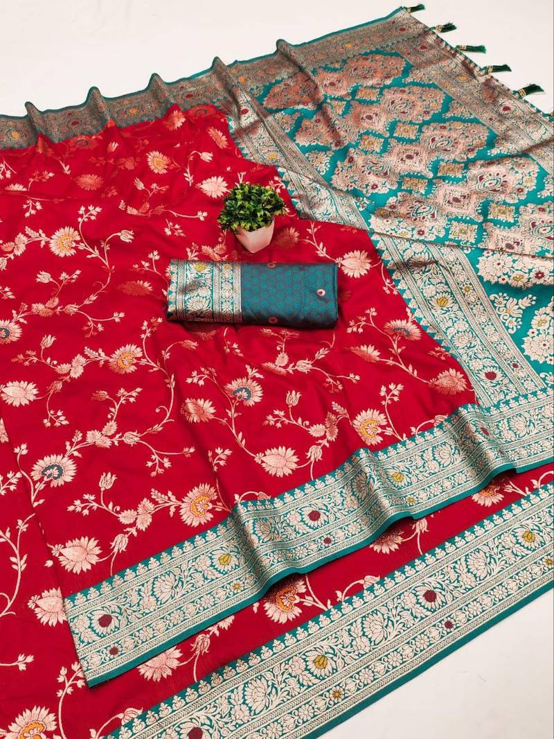 Red soft silk blend saree with zari weaving meenakari design