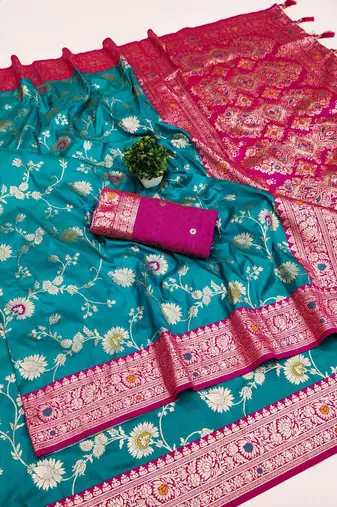 Sea green soft silk blend saree with zari weaving meenakari design
