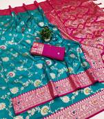 Sea green soft silk blend saree with zari weaving meenakari design