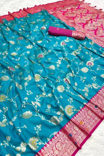 Sea green soft silk blend saree with zari weaving meenakari design