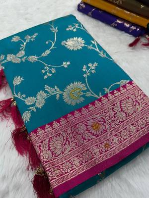 Sea green soft silk blend saree with zari weaving meenakari design 3