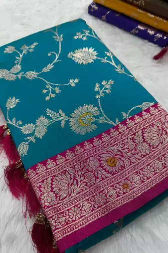 Sea green soft silk blend saree with zari weaving meenakari design