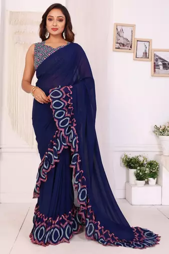 New Collection Georgette Ready To Wear Embroidery Ruffle Style Saree With Amazing Embroidery Blouse Piece